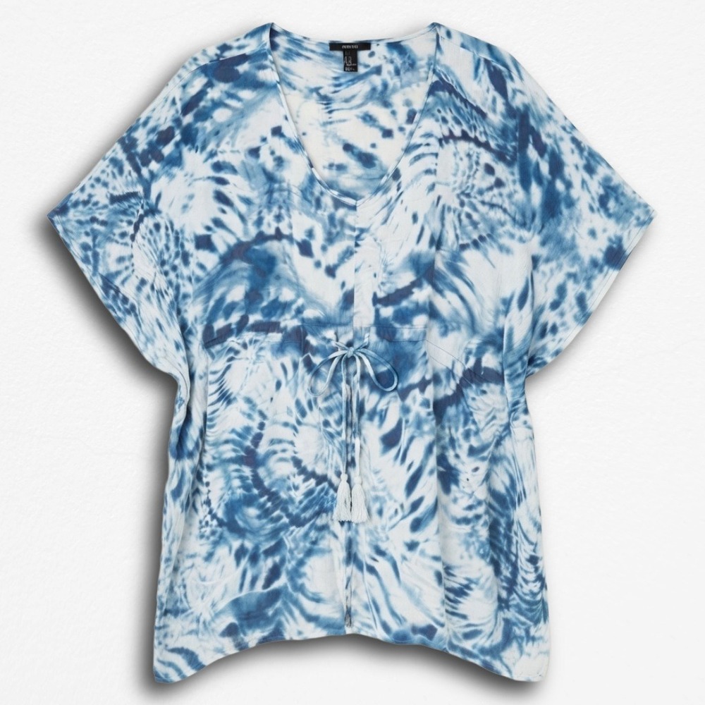 Forever 21 Blue White Tie Dye Kaftan Top V-Neck Tassel Drawstring Waist Small